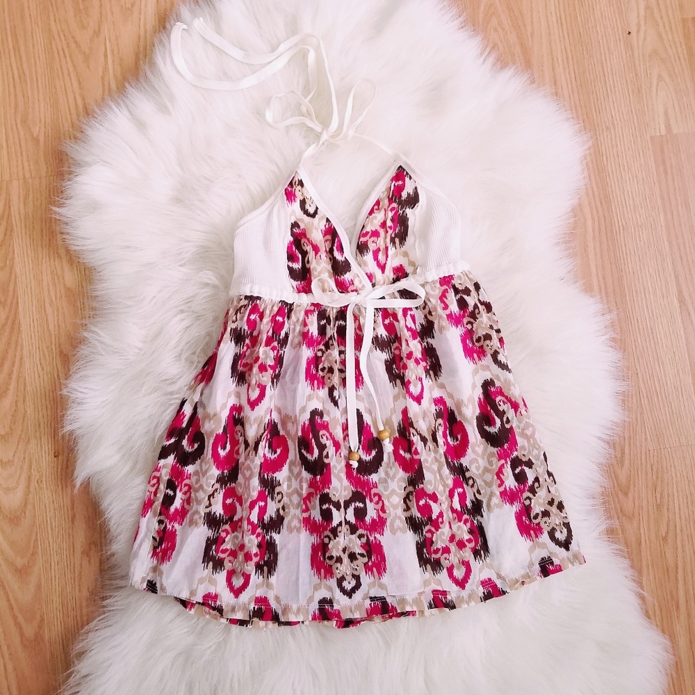 Printed Halter Top in Fuchsia, Cream & Brown